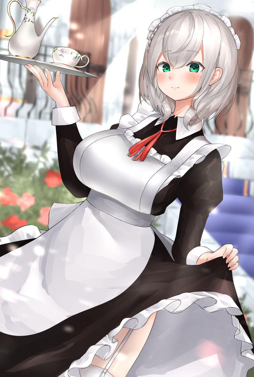 1girl absurdres alternate_costume apron bangs black_dress blurry blurry_background blush breasts closed_mouth cup dress enmaided frilled_dress frills garter_belt garter_straps green_eyes highres holding holding_tray hololive large_breasts long_sleeves looking_at_viewer maid maid_apron maid_headdress medium_hair outdoors red_neckwear shirogane_noel solo take_(take143000) teacup teapot tray virtual_youtuber white_apron white_hair white_legwear