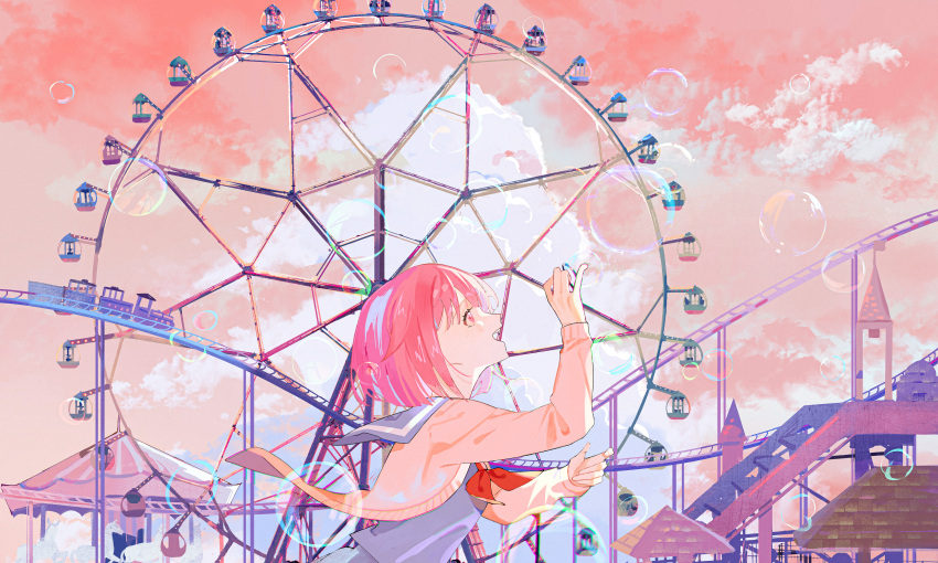 1girl absurdres amusement_park bangs blouse blunt_bangs bubble bubble_wand cardigan carousel clouds cloudy_sky cumulonimbus_cloud eyelashes ferris_wheel grey_blouse grey_sailor_collar hand_up happy highres light_blush limited_palette morning neckerchief ootori_emu open_mouth outdoors parai0 pink_cardigan pink_eyes pink_hair pink_sky pink_theme profile project_sekai red_neckerchief roller_coaster sailor_collar school_uniform shiny shiny_hair short_hair sky smile solo teeth tower upper_teeth