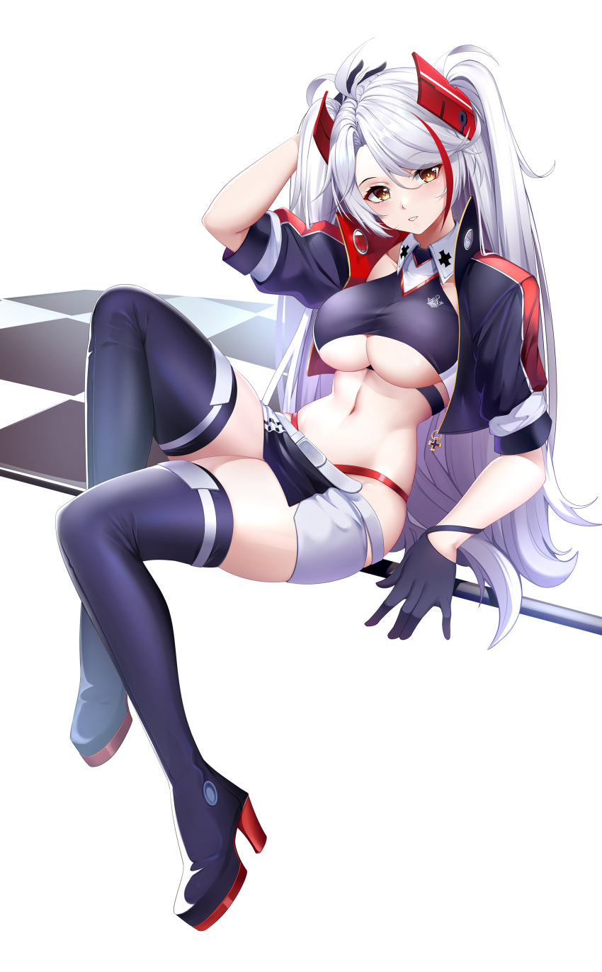 1girl absurdres azur_lane belt boots breasts checkered_flag clothing_cutout cropped_shirt eyebrows_visible_through_hair flag full_body gloves half_gloves hand_in_hair headgear high_heel_boots high_heels highres jacket long_hair looking_at_viewer midriff multicolored_hair navel official_alternate_costume open_clothes open_jacket panties panty_straps prinz_eugen_(azur_lane) prinz_eugen_(final_lap)_(azur_lane) purple_footwear purple_jacket racequeen red_panties redhead simple_background streaked_hair thigh-highs thigh_boots thighs two-tone_hair two-tone_skirt under_boob underboob_cutout underwear very_long_hair white_background white_belt white_hair xi_(377684317) yellow_eyes zipper zipper_pull_tab