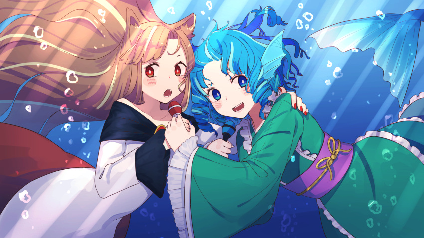 2girls absurdres ai_ken animal_ears brooch brown_hair bubble dress drill_hair drill_locks fangs frilled_kimono frills green_kimono head_fins highres imaizumi_kagerou japanese_clothes jewelry kimono kneeless_mermaid long_hair long_sleeves mermaid microphone monster_girl multiple_girls obi off-shoulder_dress off_shoulder open_mouth purple_sash red_eyes sash touhou underwater wakasagihime white_dress wide_sleeves wolf_ears
