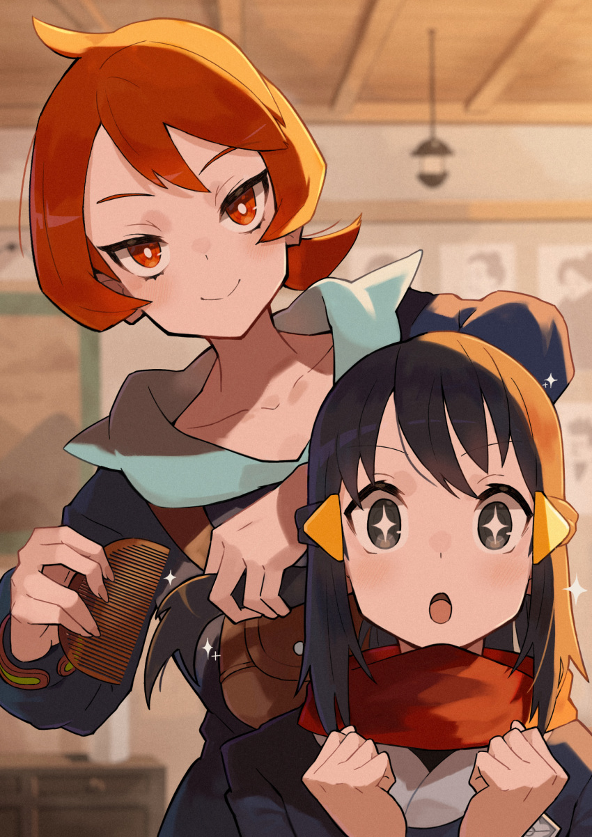 +_+ 2girls ahoge akari_(pokemon) arezu_(pokemon) bangs black_eyes black_hair black_kimono blush ceiling_light clenched_hands closed_mouth collarbone comb combing commentary_request eyebrows_visible_through_hair hair_ornament hairclip highres indoors japanese_clothes katsu_(katsupainter) kimono multiple_girls pokemon pokemon_(game) pokemon_legends:_arceus red_eyes red_scarf redhead scarf short_hair smile sparkle sparkling_eyes upper_body