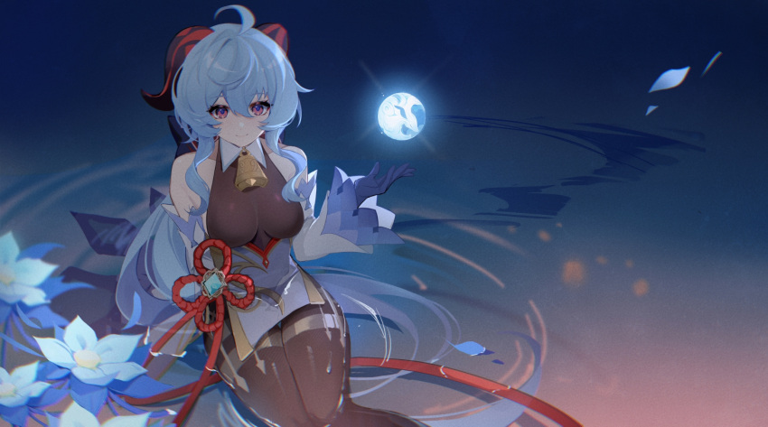 1girl bare_shoulders bell blue_flower blue_hair bodysuit breasts curled_horns detached_sleeves flower ganyu_(genshin_impact) genshin_impact glaze_lily goat_horns hair_between_eyes hand_up highres horns looking_at_viewer neck_bell nizi_w orb pantyhose partially_submerged petals sitting smile tassel thighband_pantyhose violet_eyes vision_(genshin_impact) water wet wet_clothes