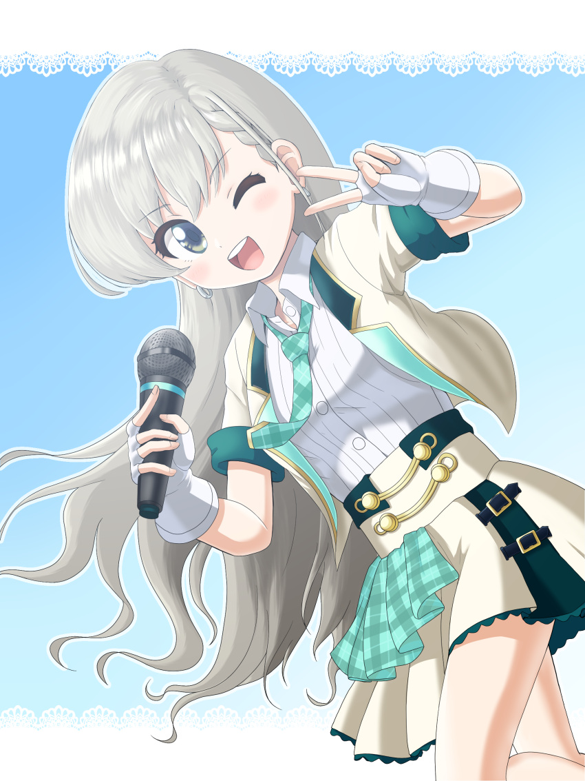 1girl ;d absurdres aqua_necktie bangs braid braided_bangs breasts brown_jacket brown_skirt collared_shirt commentary_request eyebrows_visible_through_hair feet_out_of_frame fingerless_gloves gloves green_eyes grey_hair highres hisakawa_hayate holding holding_microphone idolmaster idolmaster_cinderella_girls idolmaster_cinderella_girls_starlight_stage jacket long_hair looking_at_viewer microphone necktie one_eye_closed open_clothes open_jacket plaid plaid_necktie pleated_skirt shirt skirt small_breasts smile solo standing teeth unadon_(unadoom) upper_teeth v very_long_hair white_gloves white_shirt