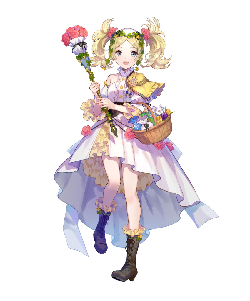 1girl bangs bare_shoulders blonde_hair blue_eyes boots cross-laced_footwear dress fire_emblem fire_emblem_awakening fire_emblem_heroes frilled_dress frills full_body highres holding knee_boots lace-up_boots layered_dress layered_skirt lissa_(fire_emblem) long_hair non-web_source official_art skirt solo staff tied_hair transparent_background twintails