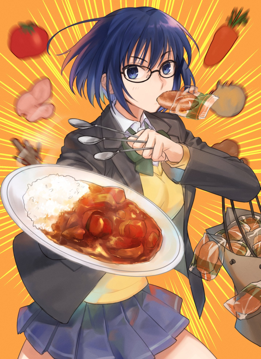 1girl bag between_fingers black-framed_eyewear black_jacket blue_eyes blue_hair bow bowtie brown_bag cardigan carrot ciel_(tsukihime) collared_shirt commentary curry curry_bread curry_rice eyebrows_visible_through_hair flyby64 food food_in_mouth glasses green_bow grey_skirt grocery_bag hair_between_eyes highres holding holding_bag holding_food holding_plate holding_spoon jacket long_sleeves looking_at_viewer miniskirt open_clothes open_jacket orange_background plate pleated_skirt rice school_uniform shirt shopping_bag short_hair skirt solo spoon steam tomato tsukihime tsukihime_(remake) uniform upper_body white_shirt yellow_cardigan