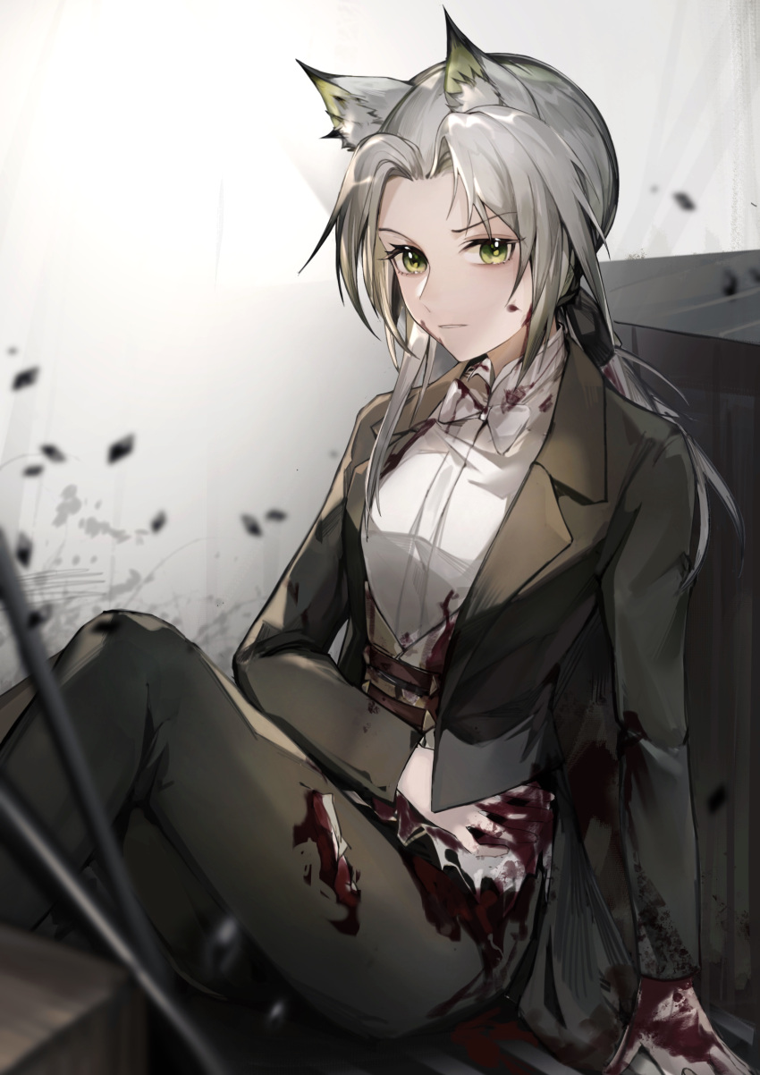 1girl absurdres animal_ears arknights asymmetrical_hair bangs black_jacket black_pants black_ribbon blood blood_on_clothes blood_on_hands blurry blurry_foreground bow bowtie breasts cat_ears chinese_commentary collared_shirt commentary dress_shirt feet_out_of_frame formal green_eyes hair_ribbon highres injury jacket kal'tsit_(arknights) long_hair looking_at_viewer official_alternate_costume pants parted_bangs parted_lips ponytail ribbon shirt sidelocks silver_hair sitting small_breasts solo tabayashi tuxedo white_bow white_bowtie white_shirt wing_collar
