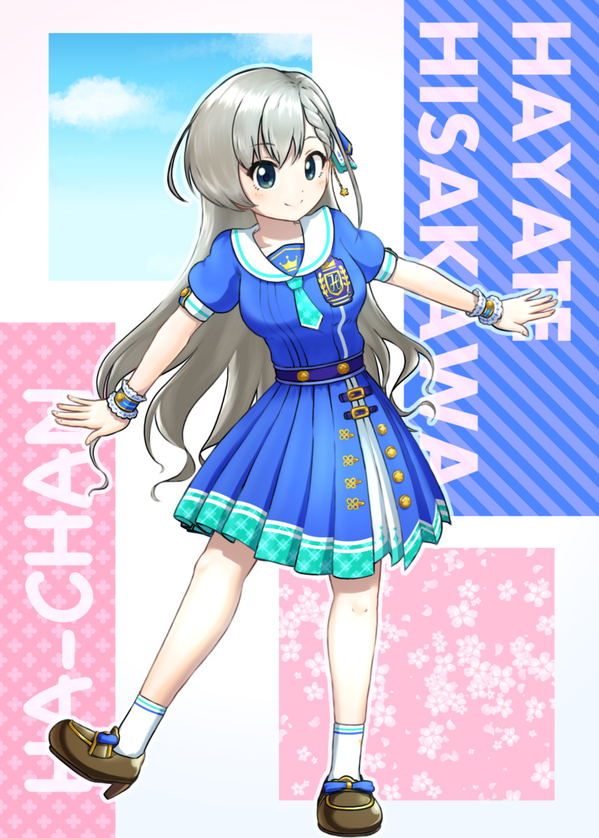 1girl absurdres aqua_necktie bangs blue_outline blue_shirt blue_skirt braid braided_bangs breasts brown_footwear character_name closed_mouth commentary_request eyebrows_visible_through_hair full_body green_eyes grey_hair hair_between_eyes high_heels highres hisakawa_hayate idolmaster idolmaster_cinderella_girls idolmaster_cinderella_girls_starlight_stage long_hair medium_breasts necktie outline plaid_necktie pleated_skirt puffy_short_sleeves puffy_sleeves sailor_collar shirt shoes short_necktie short_sleeves skirt smile socks solo standing standing_on_one_leg unadon_(unadoom) very_long_hair white_legwear white_sailor_collar