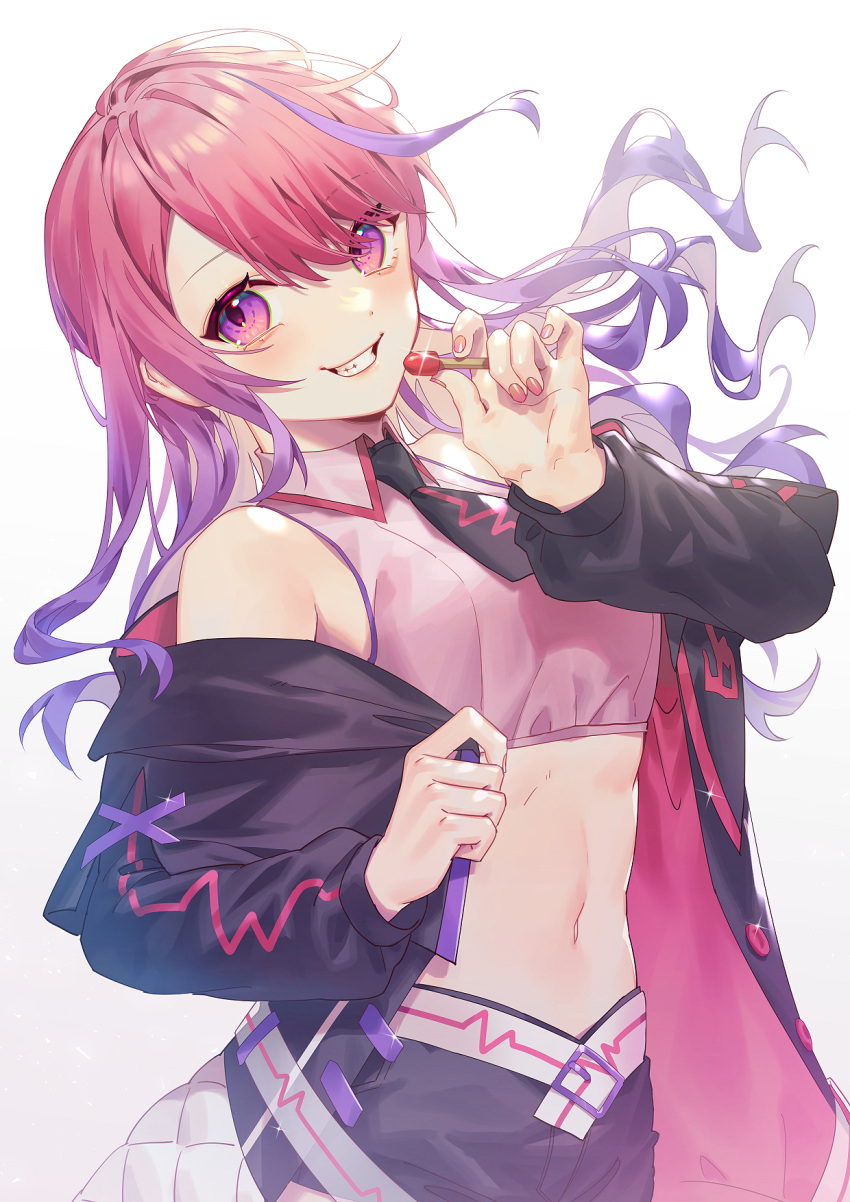 1girl crop_top highres indie_virtual_youtuber long_hair looking_at_viewer matches matchstick midriff multicolored_hair nail_polish navel pale_skin pink_hair purple_hair smile solo tsmatch violet_eyes virtual_youtuber wenz