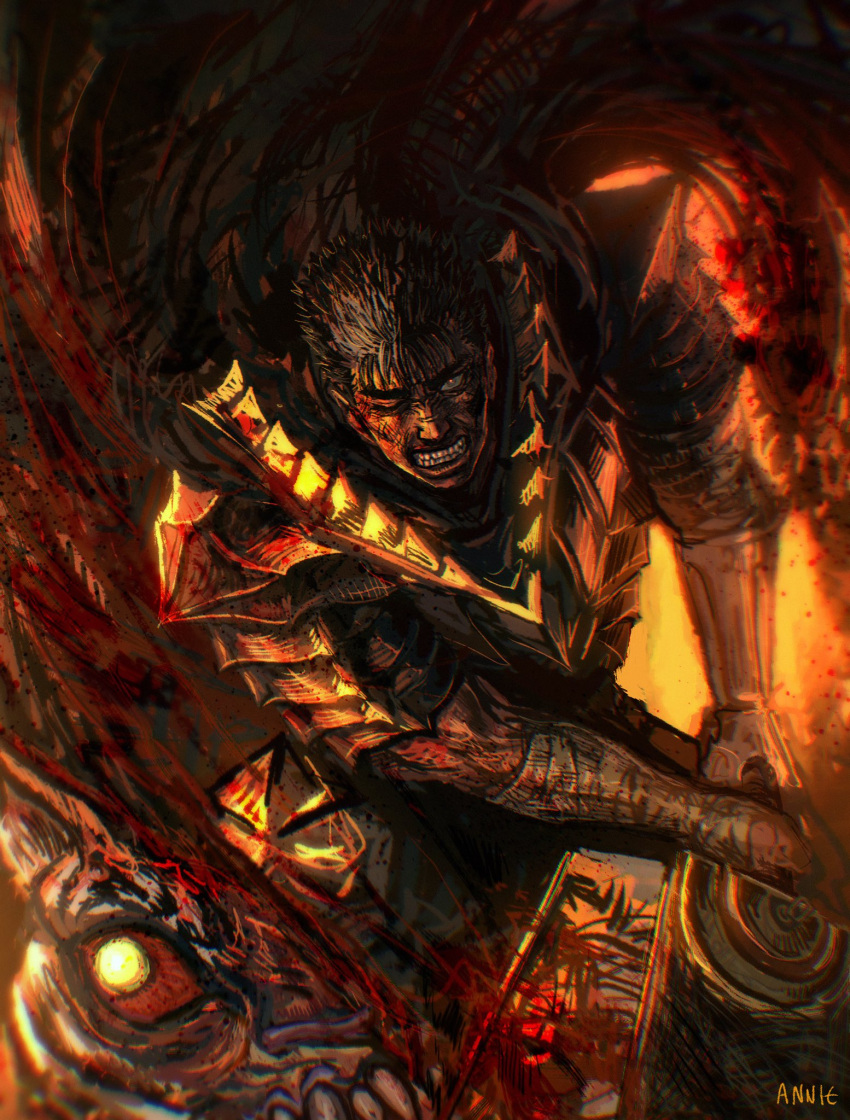 1boy anniechromes armor battle berserk black_cloak black_hair blood breastplate clenched_teeth cloak cowboy_shot dragonslayer_(sword) fighting_stance guts_(berserk) hand_wraps highres holding holding_sword holding_weapon looking_at_viewer male_focus monster one_eye_closed orange_background pauldrons prosthesis prosthetic_arm scar scar_on_face short_hair shoulder_armor solo standing sword teeth weapon