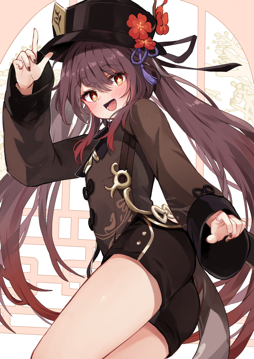 1girl :d absurdres arm_up bangs black_headwear black_nails black_shorts blush brown_eyes brown_hair brown_jacket eyebrows_visible_through_hair flower flower-shaped_pupils genshin_impact hair_between_eyes hat hat_flower highres hu_tao_(genshin_impact) jacket long_hair long_sleeves nail_polish open_mouth racchi. red_flower short_shorts shorts sleeves_past_wrists smile solo symbol-shaped_pupils twintails very_long_hair