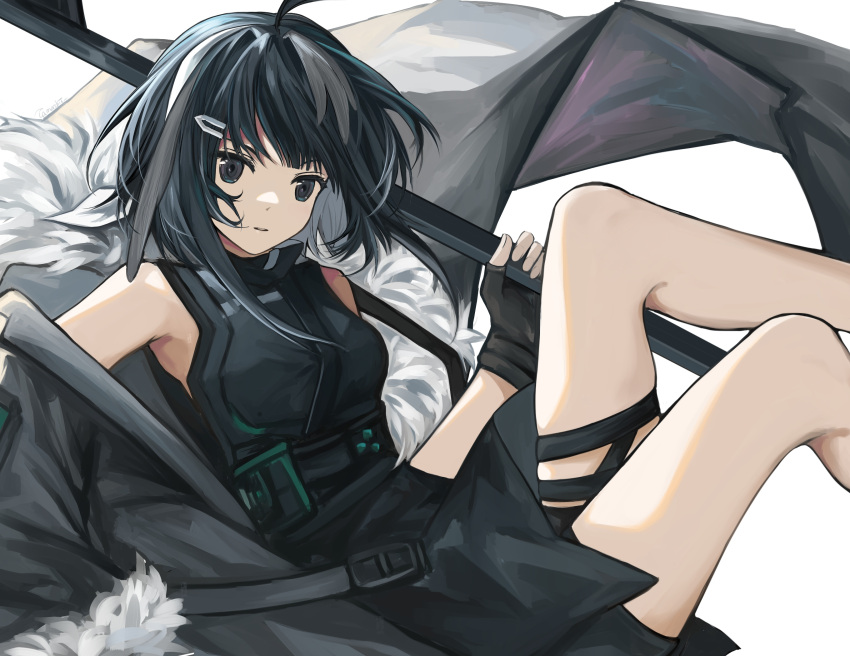 1girl ahoge arknights bangs bare_shoulders black_coat black_dress black_eyes black_gloves black_hair breasts coat dress eyebrows_behind_hair feather_hair feet_out_of_frame fingerless_gloves fur-trimmed_coat fur_trim gloves hair_ornament hairclip highres holding knees_up la_pluma_(arknights) long_sleeves looking_at_viewer off_shoulder parted_lips short_hair simple_background skindentation small_breasts smile solo tamashii-s thigh_strap underbust white_background