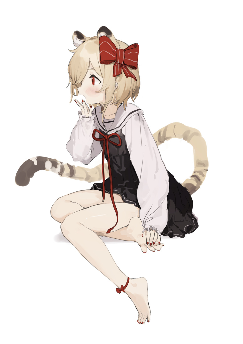 1girl absurdres adapted_costume animal_ears bare_legs barefoot blonde_hair blush fingernails full_body hair_ribbon highres long_sleeves nail_polish open_mouth red_eyes red_nails red_ribbon ribbon rumia sh_(562835932) short_hair simple_background solo tail toenail_polish toenails touhou white_background