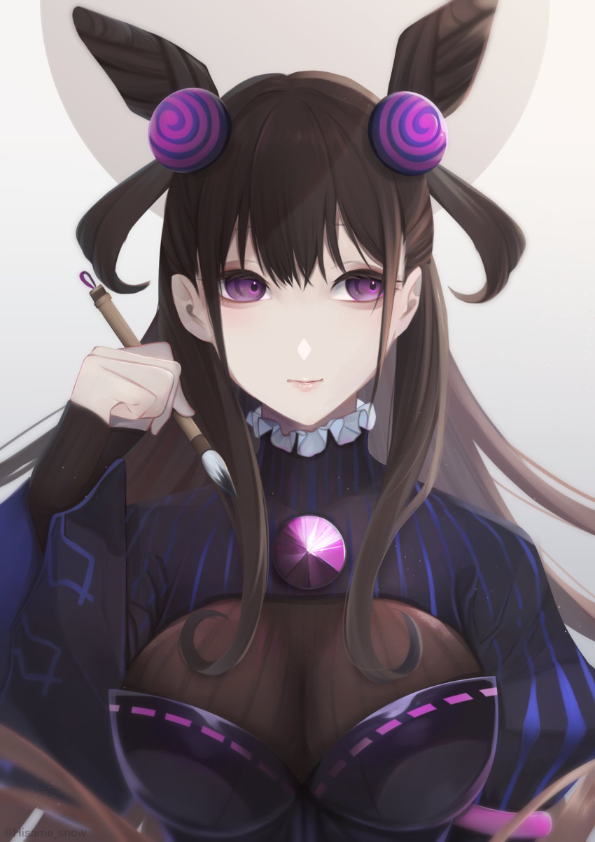 1girl amethyst_(gemstone) bangs black_dress black_gloves black_hair breasts calligraphy_brush closed_mouth commentary double_bun dress fate/grand_order fate_(series) gloves grey_background hair_cones hair_ornament half_gloves hand_up highres hisame_snow holding holding_paintbrush juliet_sleeves large_breasts lips long_hair long_sleeves looking_to_the_side murasaki_shikibu_(fate) paintbrush puffy_sleeves sidelocks solo tied_hair turtleneck twitter_username two_side_up upper_body violet_eyes