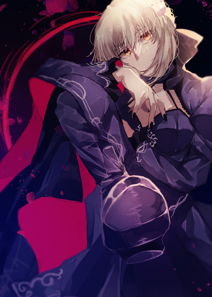 1girl artoria_pendragon_(fate) black_nails blonde_hair boots choker crossed_legs fate/stay_night fate_(series) feet foot_focus highres looking_at_viewer nail_polish saber_alter solo sungoidekame yellow_eyes