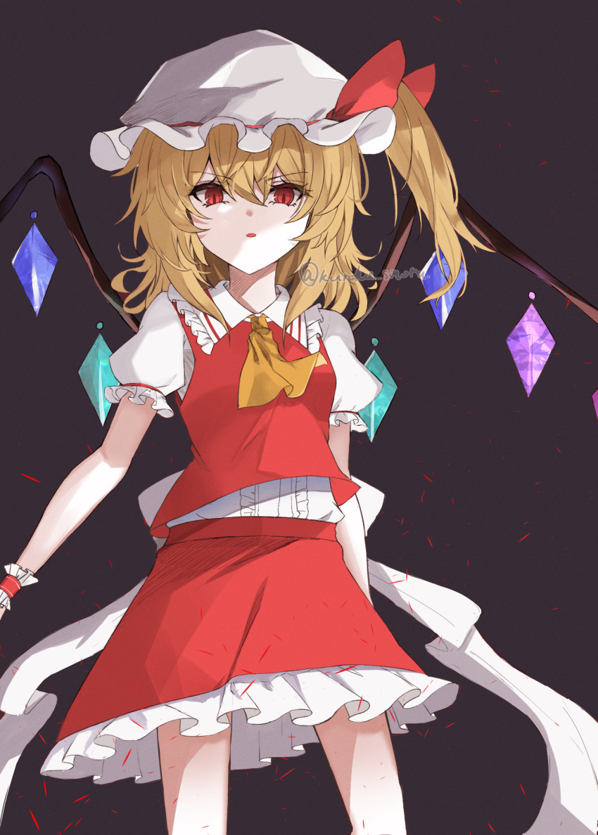 1girl ascot bangs black_background blonde_hair blush bow breasts center_frills commentary_request crystal eyebrows_visible_through_hair eyelashes fangs finger_to_mouth flandre_scarlet frilled_shirt_collar frilled_skirt frills furrowed_brow hat hat_ribbon highres kuro_wa_shinoru looking_at_viewer mob_cap multicolored_wings one_side_up open_mouth petticoat puffy_short_sleeves puffy_sleeves red_eyes red_ribbon red_skirt red_vest ribbon shiny shiny_hair shirt short_hair short_hair_with_long_locks short_sleeves side_ponytail simple_background skirt solo standing touhou v-shaped_eyebrows vest white_headwear white_shirt wings wrist_cuffs yellow_ascot