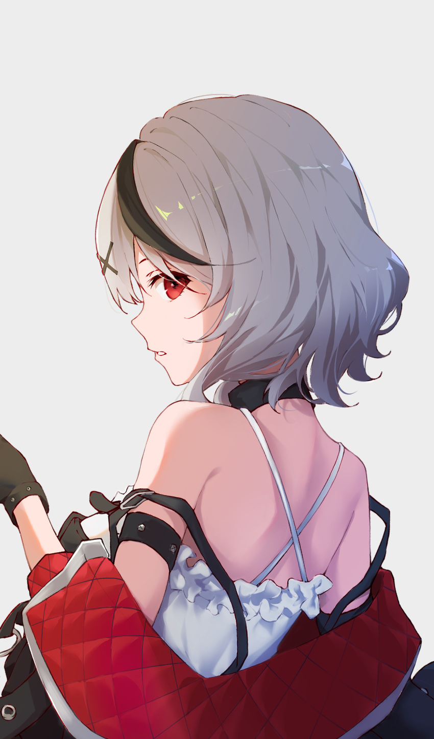 1girl bis_chu_it black_gloves clothes_down gloves hair_ornament highres hololive looking_at_viewer looking_back medium_hair multicolored_hair parted_lips profile red_eyes sakamata_chloe shiny shiny_hair shirt shoulder_blades silver_hair simple_background solo streaked_hair upper_body virtual_youtuber white_background white_shirt x_hair_ornament