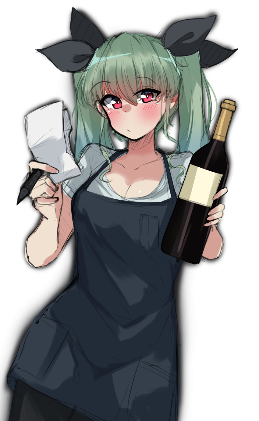 1girl absurdres anchovy_(girls_und_panzer) antyobi0720 apron bangs black_ribbon blue_apron bottle closed_mouth drill_hair eyebrows_visible_through_hair girls_und_panzer green_hair hair_ribbon highres holding holding_bottle holding_notepad holding_pen light_frown long_hair looking_at_viewer notepad pen red_eyes ribbon shirt short_sleeves simple_background sketch solo standing t-shirt twin_drills twintails white_background white_shirt wine_bottle