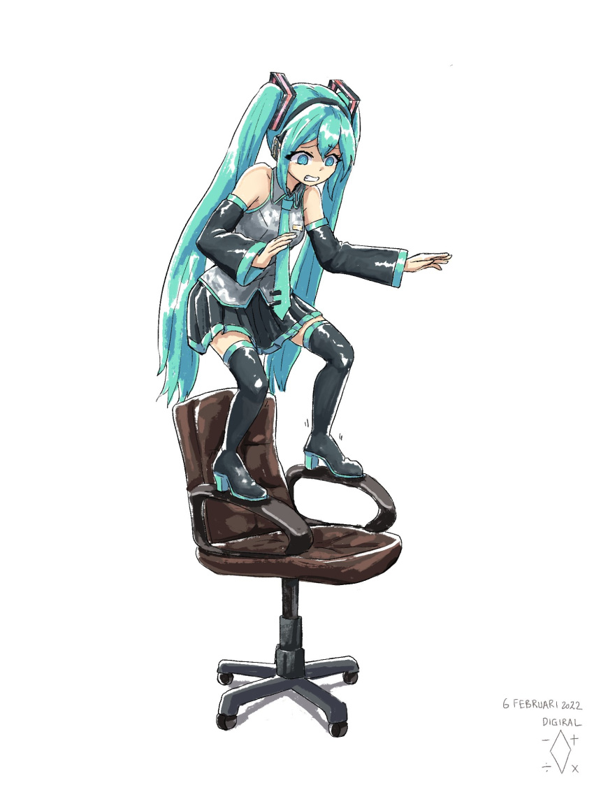 1girl @_@ aqua_eyes aqua_hair aqua_necktie artist_name bare_shoulders black_legwear black_skirt black_sleeves boots chair clenched_teeth commentary dated detached_sleeves digiral english_commentary full_body furrowed_brow grey_shirt hair_ornament hatsune_miku headphones high_heels highres long_hair looking_down miniskirt necktie office_chair pleated_skirt scared shaded_face shirt simple_background skirt sleeveless sleeveless_shirt solo standing standing_on_chair teeth the_floor_is_lava thigh-highs thigh_boots twintails very_long_hair vocaloid white_background zettai_ryouiki
