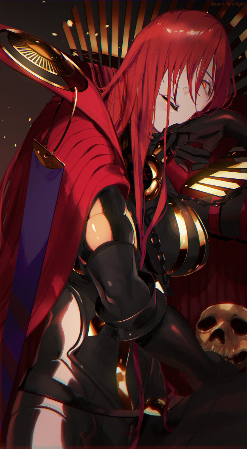 1girl absurdres bangs black_bodysuit bodysuit breasts cape commentary_request fate/grand_order fate_(series) gloves hair_over_one_eye highres large_breasts long_hair oda_nobunaga_(fate) oda_nobunaga_(maou_avenger)_(fate) oda_uri open_mouth red_cape red_eyes redhead semi_(p-poco) smile solo very_long_hair