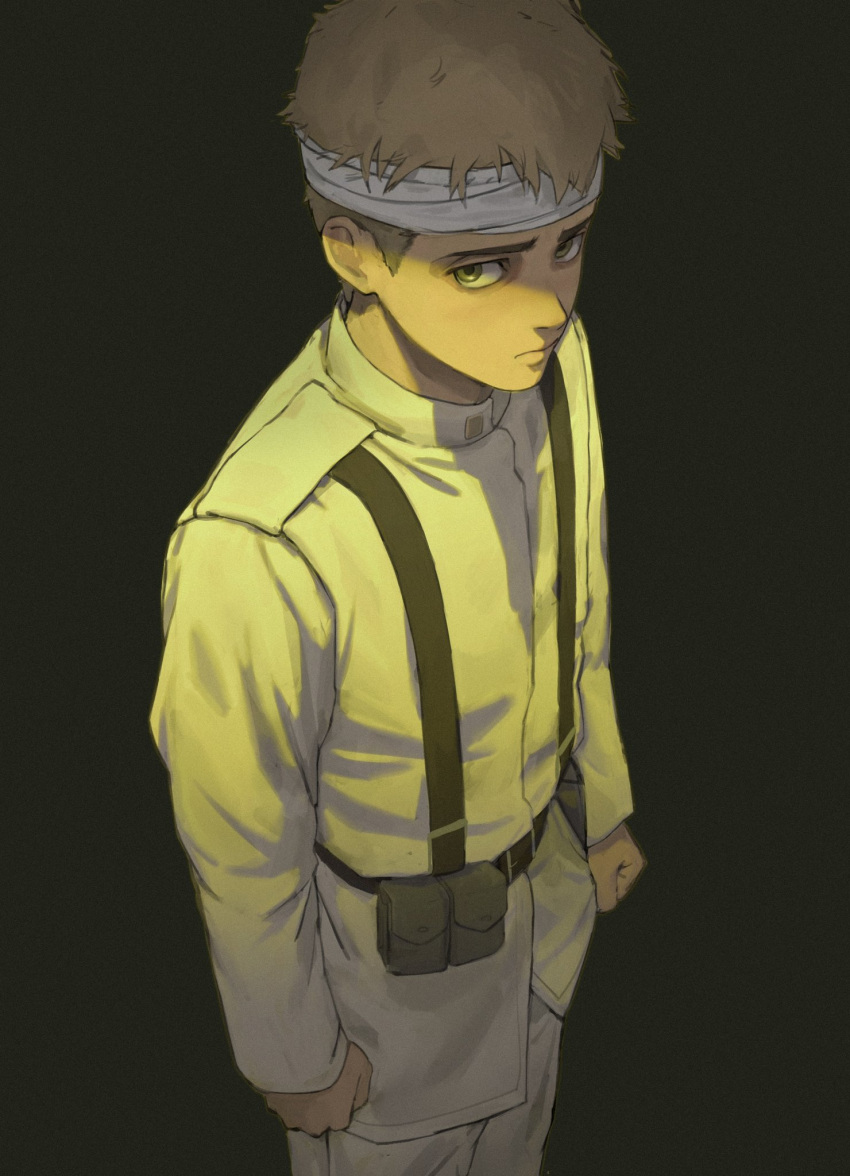 1boy artbyshinji bandages black_background black_eyes brown_hair chest_harness closed_mouth cowboy_shot falco_grice harness highres jacket long_sleeves looking_at_viewer male_focus military military_uniform pants shingeki_no_kyojin short_hair simple_background solo standing uniform white_jacket white_pants