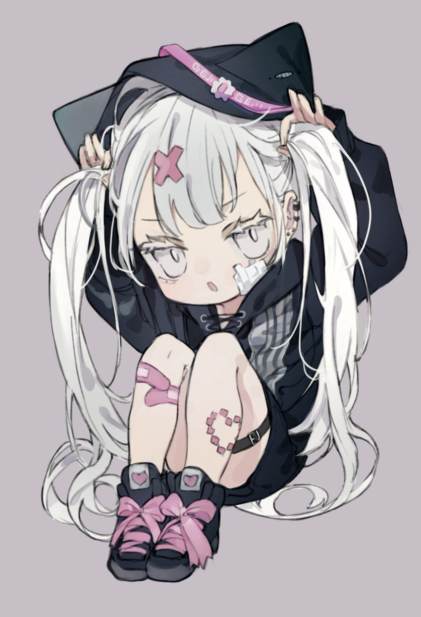 1girl :o animal_hood bandage_on_face bandages bandaid bandaid_on_leg bangs black_footwear black_hoodie bunching_hair casual cat_hood chibi commentary ear_piercing earrings eyelashes full_body grey_background grey_eyes grey_hair highres hood hoodie jewelry jitome knees_up leg_tattoo long_hair looking_at_viewer open_mouth original piercing shoes simple_background sitting sneakers solo tattoo thigh_strap tokiwata_soul v-shaped_eyebrows