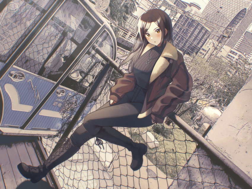 1girl bangs blush boots brown_hair building chain-link_fence cityscape coat day fence grass highres idolmaster idolmaster_cinderella_girls jewelry knee_boots leaning_on_rail long_hair looking_at_viewer mukai_takumi necklace open_mouth shadow shangzi solo tree yellow_eyes