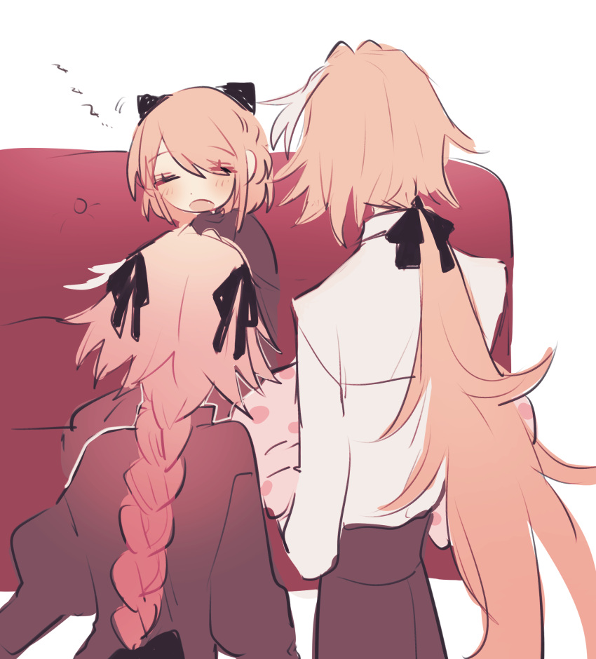 1girl 2boys astolfo_(fate) blonde_hair blush braid fate/apocrypha fate/grand_order fate_(series) highres koyashaka long_hair looking_at_another multiple_boys original otoko_no_ko pale_skin pink_hair sleeping