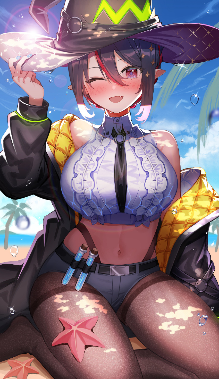 1girl ;d absurdres amahara_subaru arm_up bangs beach black_hair black_headwear black_jacket blush breasts brown_legwear collared_shirt day frilled_shirt frills grey_shorts hat highleg highres indie_virtual_youtuber isonade_orca jacket large_breasts long_sleeves looking_at_viewer micro_shorts midriff multicolored_hair navel one_eye_closed open_clothes open_jacket outdoors pantyhose pointy_ears red_eyes redhead shirt shorts sitting sleeveless sleeveless_shirt smile solo starfish streaked_hair test_tube thighband_pantyhose white_shirt witch_hat