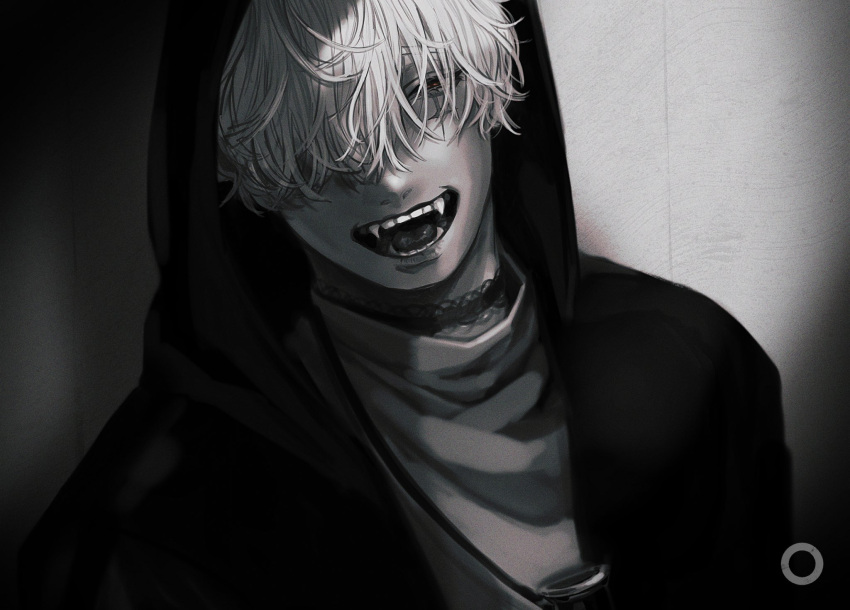 1boy close-up cuts deep_wound fang highres hood hood_down hooded_jacket hoodie injury jacket looking_at_viewer male_focus o_(trauma003) open_mouth original scar scar_on_neck short_hair solo