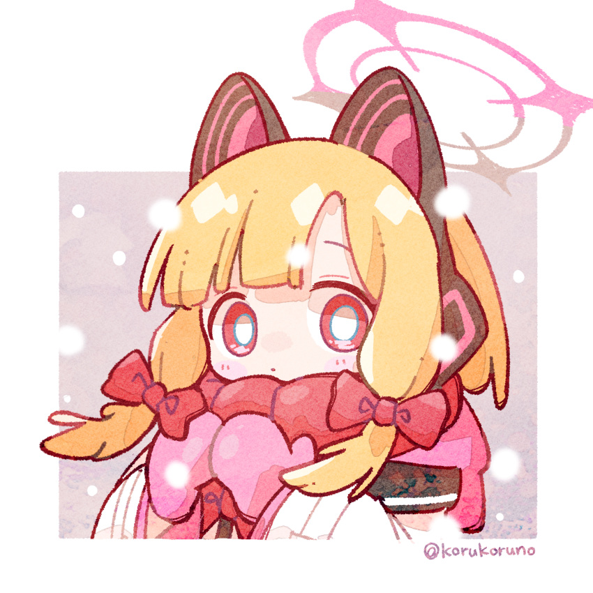 1girl animal_ears bangs blonde_hair blue_archive bow cat_ear_headphones closed_mouth fake_animal_ears hair_bow halo headphones highres jacket koru_koruno long_hair long_sleeves looking_at_viewer mittens momoi_(blue_archive) pink_mittens red_bow red_eyes red_scarf scarf sidelocks solo twitter_username white_jacket wide_sleeves