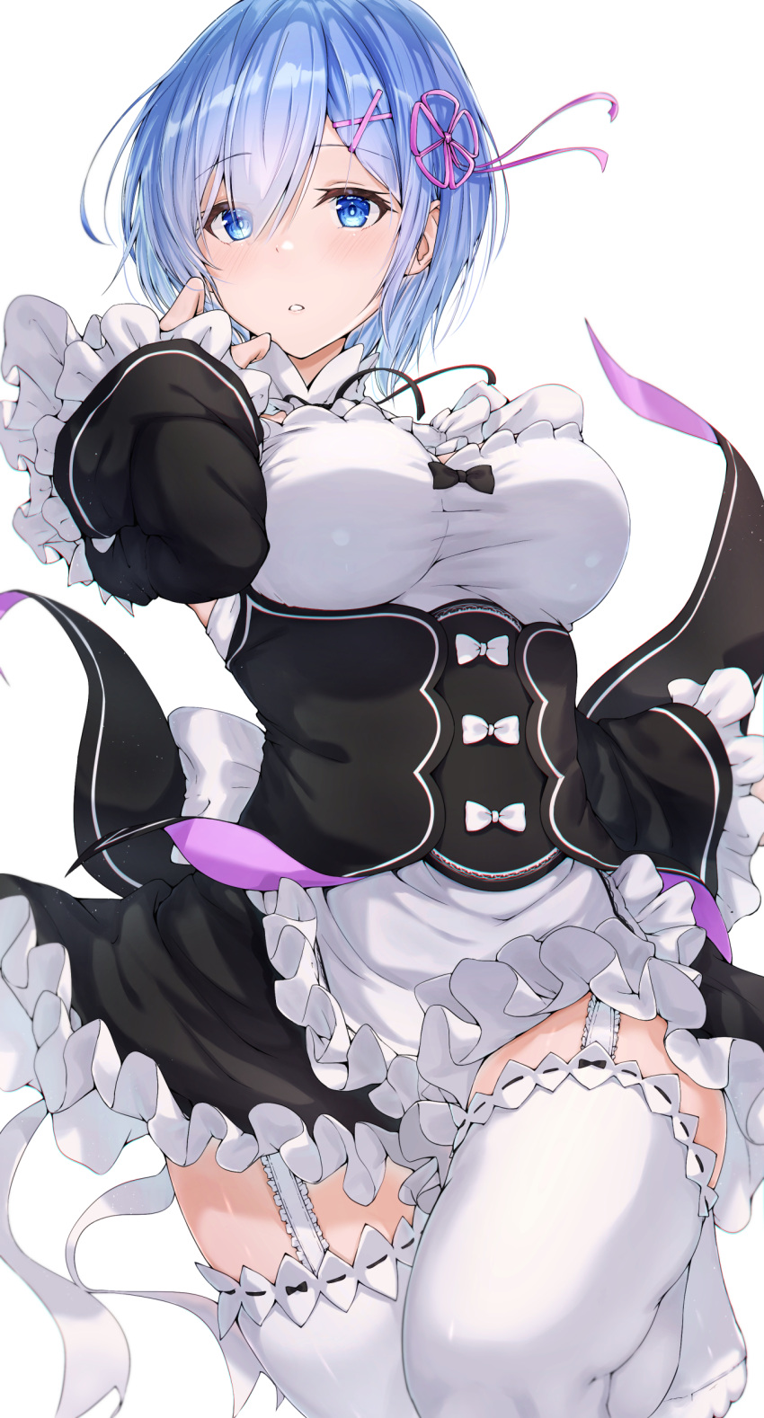 1girl absurdres blue_eyes blue_hair blush breasts feet garter_straps hair_ornament hairclip highres large_breasts looking_at_viewer meen_(ouaughikepdvrsf) parted_lips re:zero_kara_hajimeru_isekai_seikatsu rem_(re:zero) ribbon roswaal_mansion_maid_uniform simple_background solo thigh-highs white_background