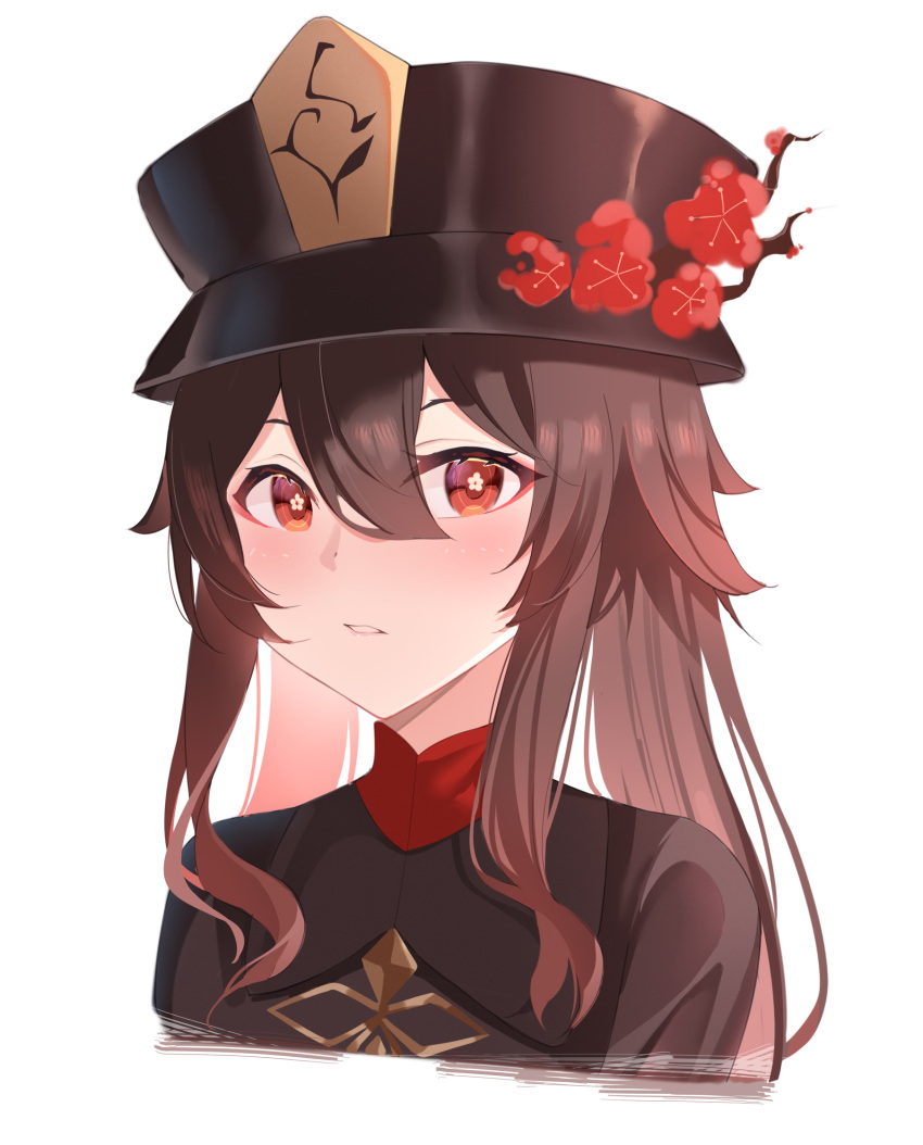 1girl bangs beijiushui black_headwear black_shirt blush flower genshin_impact hair_between_eyes hat hat_flower highres hu_tao_(genshin_impact) parted_lips portrait red_eyes red_flower shirt simple_background solo symbol-shaped_pupils white_background