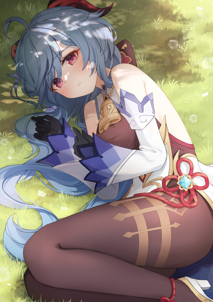 bangs bell blue_hair blush bodystocking day detached_sleeves ganyu_(genshin_impact) genshin_impact gloves goat_horns grass gya_(144) highres horns long_hair looking_at_viewer lying on_side parted_lips pink_eyes ponytail shadow shoes