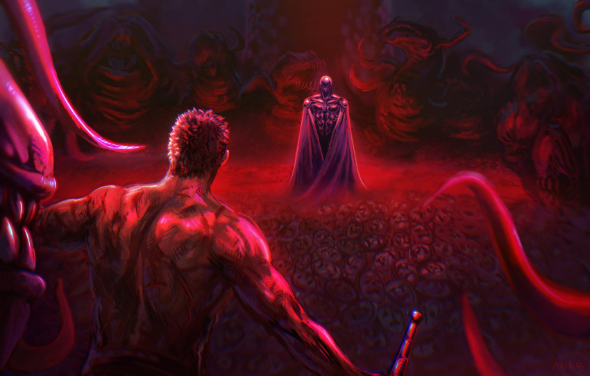 2boys anniechromes armor berserk black_hair breastplate cloak cuts femto_(berserk) guts_(berserk) helmet highres injury male_focus multiple_boys restrained short_hair standing topless_male