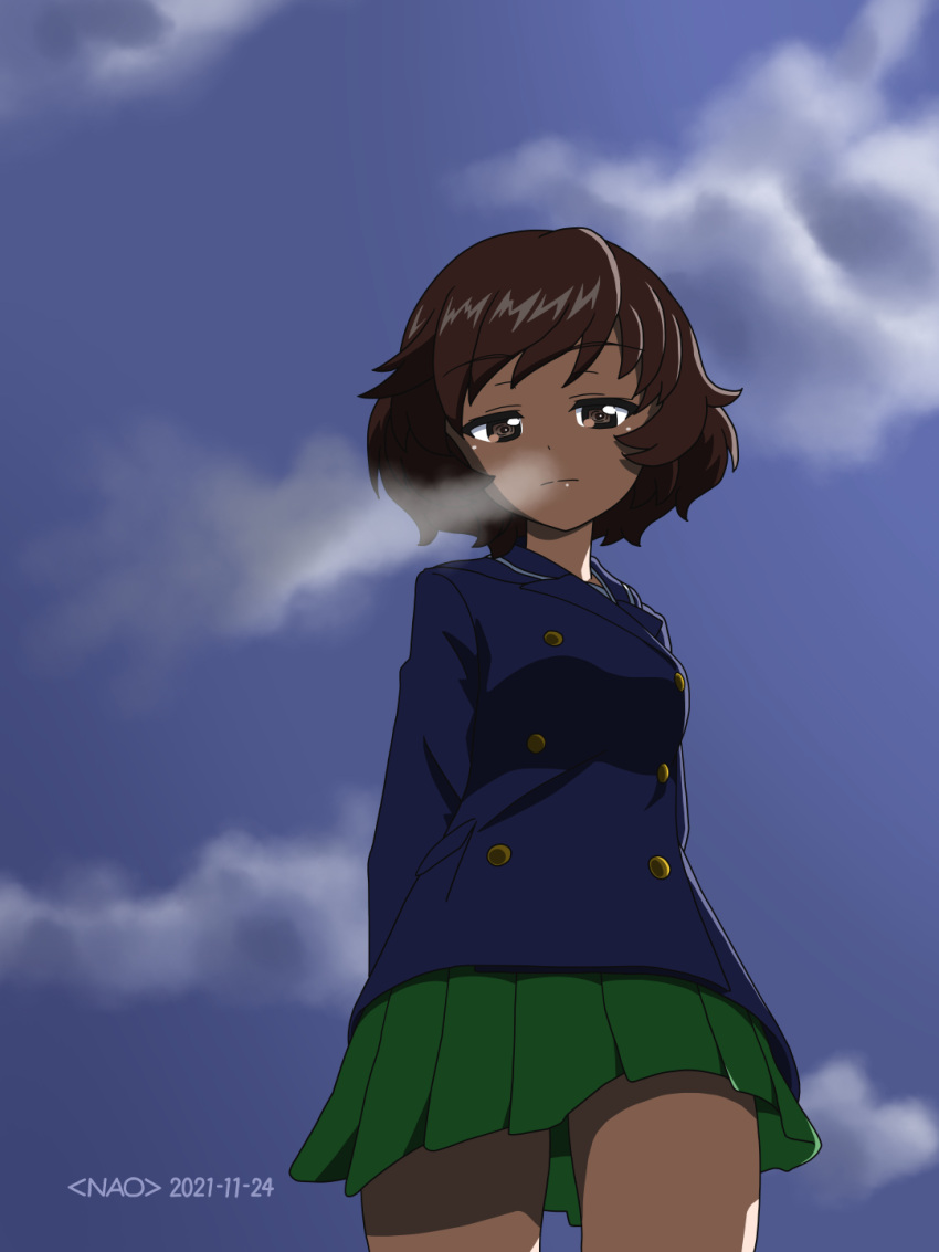 1girl akiyama_yukari arms_behind_back artist_name bangs blue_jacket blue_sky breath brown_eyes brown_hair buttons closed_mouth clouds cloudy_sky commentary cowboy_shot dark dated double-breasted from_below frown girls_und_panzer green_skirt half-closed_eyes highres jacket looking_at_viewer messy_hair miniskirt naotosi ooarai_school_uniform outdoors pleated_skirt sailor_collar school_uniform short_hair skirt sky solo standing twilight winter_uniform
