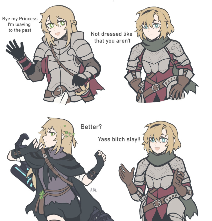 2girls amali armor breastplate bye_dad_i'm_leaving_for_the_party_(meme) cape future_knight future_princess guardian_tales hair_ornament head_wreath highres meme multiple_girls shoulder_armor torn_cape torn_clothes