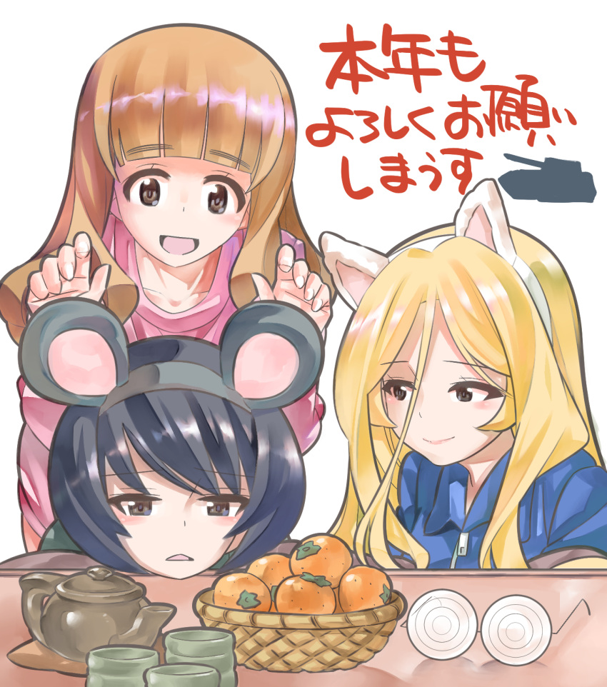 3girls animal_ears bangs basket black_hair blonde_hair blue_shirt blunt_bangs brown_eyes casual cat_ears chinese_zodiac closed_mouth coke-bottle_glasses commentary cup eyebrows_visible_through_hair eyewear_removed fake_animal_ears food frown fruit girls_und_panzer glasses hair_between_eyes highres inou_takashi kotatsu kotoyoro long_hair long_sleeves looking_at_another mandarin_orange multiple_girls nekonyaa_(girls_und_panzer) new_year open_mouth orange_eyes orange_hair pink_shirt reizei_mako round_eyewear shirt sitting smile standing table takebe_saori teapot translated white_background year_of_the_rat yunomi