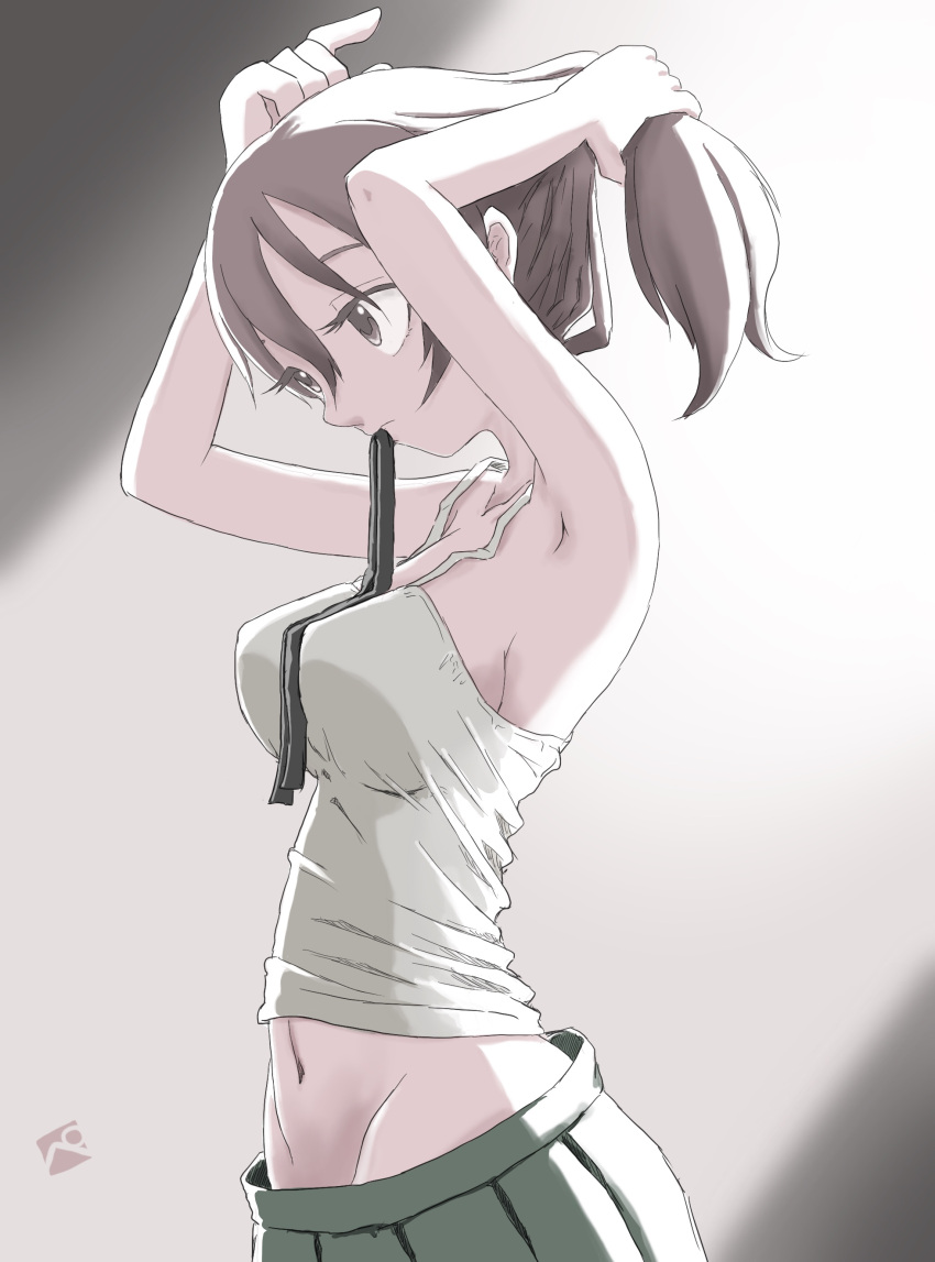 1girl absurdres armpits arms_up artist_logo bangs black_ribbon breasts brown_eyes brown_hair camisole commentary from_side girls_und_panzer green_skirt groin hair_tie_in_mouth hands_in_hair highres kainushi koyama_yuzu looking_to_the_side medium_breasts medium_hair miniskirt mouth_hold pleated_skirt ribbon shirt skirt solo standing tying_hair upper_body white_shirt
