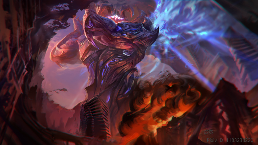 1boy aatrox absurdres armor arms_up character_request check_character fire from_below glowing highres horns league_of_legends looking_down muscular muscular_male solo standing tagme translation_request wings wutu_(1183238220)