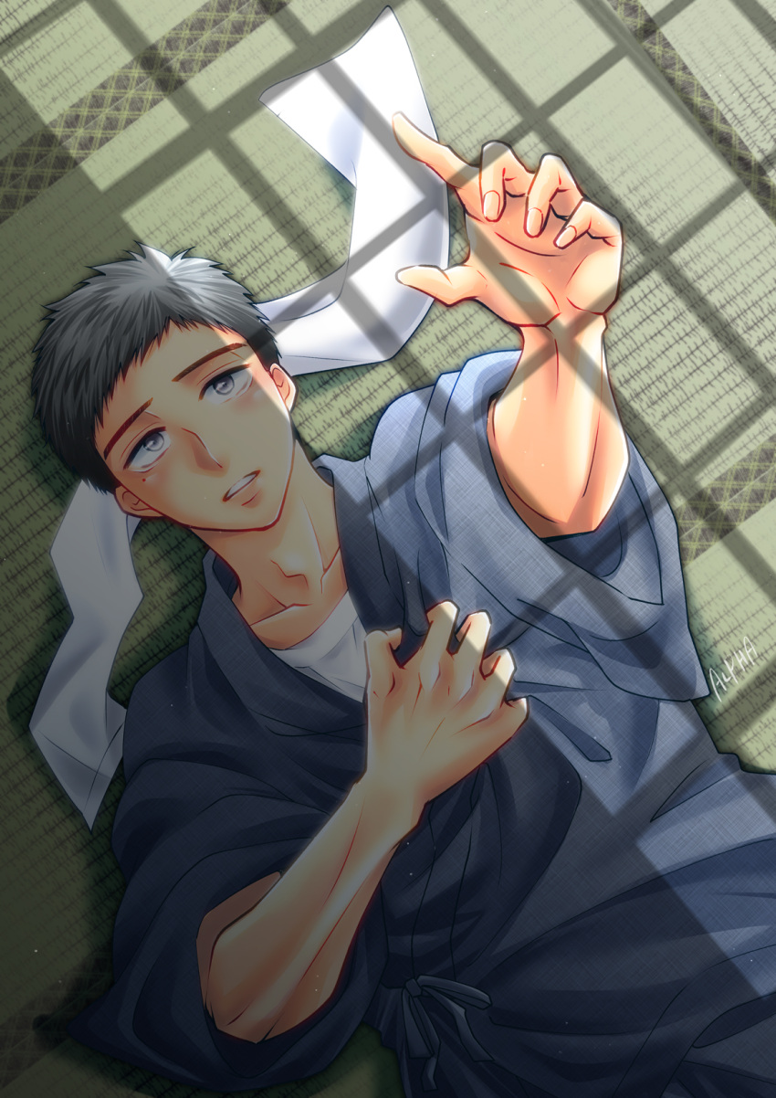 1boy artist_name black_hair gojou_wakana h_b_love hand_on_own_chest hand_up headband headband_removed highres indoors japanese_clothes lying male_focus on_back outstretched_hand shadow short_hair sono_bisque_doll_wa_koi_wo_suru tatami white_headband wide_sleeves