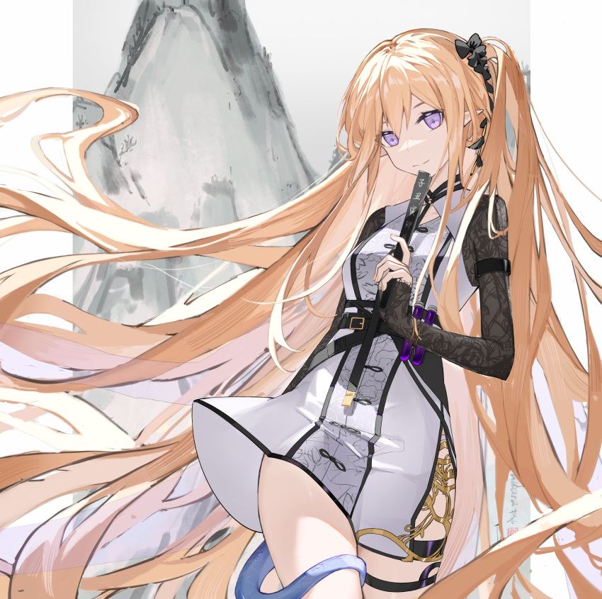 1girl absurdres arknights arm_strap baimo848 belt belt_buckle black_bow blonde_hair bow buckle closed_fan closed_mouth cowboy_shot dress eyebrows_behind_hair folding_fan hair_bow hand_fan highres holding holding_fan indigo_(arknights) indigo_(serene_day)_(arknights) long_hair long_sleeves looking_at_viewer mountain official_alternate_costume one_side_up pointy_ears sleeves_past_wrists smile solo tail test_tube thigh_strap very_long_hair violet_eyes white_dress