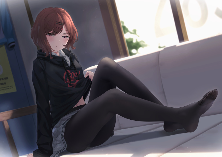 1girl bangs black_legwear black_sweater blush brown_hair clothes_lift collared_shirt commentary couch eyebrows_visible_through_hair feet full_body grey_skirt hair_ornament hairclip highres higuchi_madoka idolmaster idolmaster_shiny_colors indoors knees_up lifted_by_self long_sleeves looking_at_viewer midriff_peek mole mole_under_eye nail_polish no_shoes on_couch pantyhose parted_lips plaid plaid_skirt purple_nails revision shirt short_hair sitting skirt solo sweater sweater_lift thighs too-ye violet_eyes window