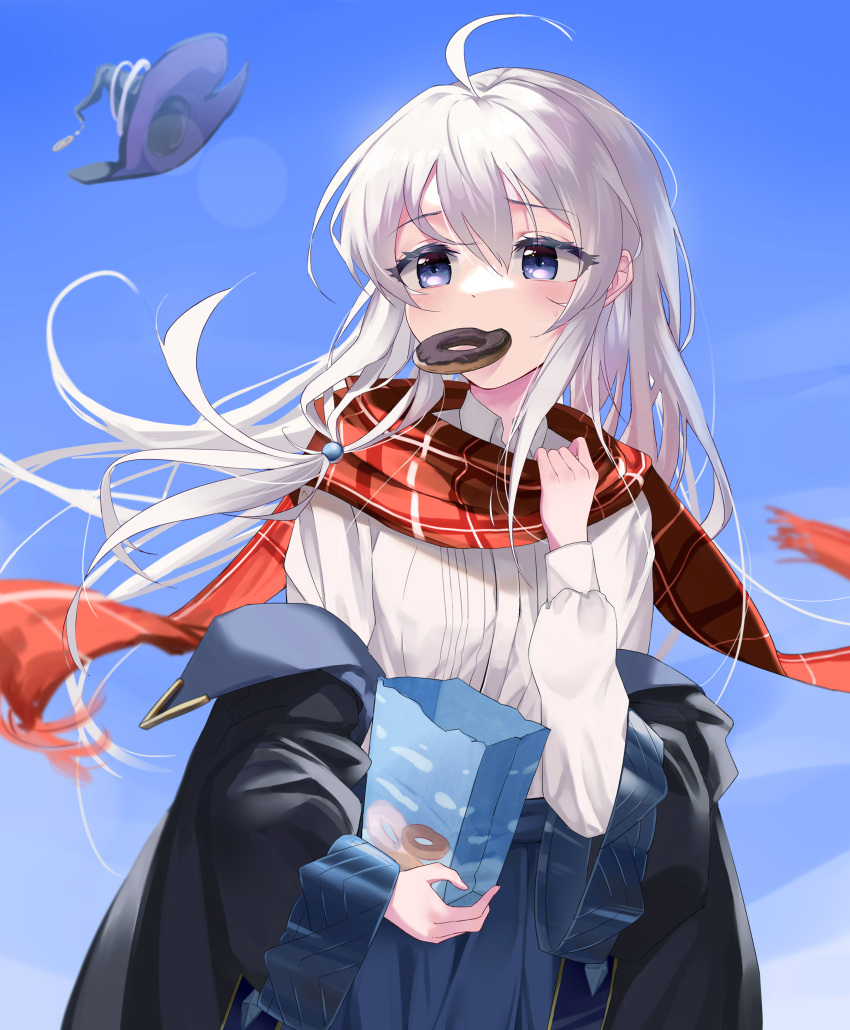 1girl absurdres ahoge bangs black_headwear black_robe blue_eyes blue_sky collared_shirt commentary_request doughnut elaina_(majo_no_tabitabi) eyebrows_visible_through_hair food food_in_mouth hair_between_eyes hat highres long_hair long_sleeves majo_no_tabitabi off_shoulder open_clothes open_robe plaid plaid_scarf red_scarf robe scarf shirt silver_hair sky smilent solo white_shirt wide_sleeves witch witch_hat