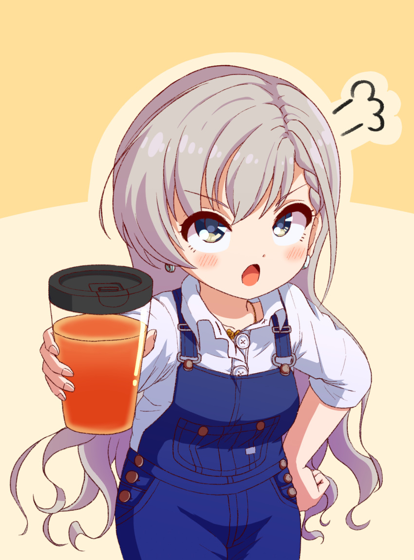 1girl bangs blush brown_background collared_shirt cup dress_shirt drink earrings eyebrows_visible_through_hair green_eyes grey_hair hand_on_hip highres hisakawa_hayate holding holding_cup idolmaster idolmaster_cinderella_girls jewelry long_hair long_sleeves looking_at_viewer open_mouth overalls shirt solo two-tone_background unadon_(unadoom) v-shaped_eyebrows very_long_hair white_shirt