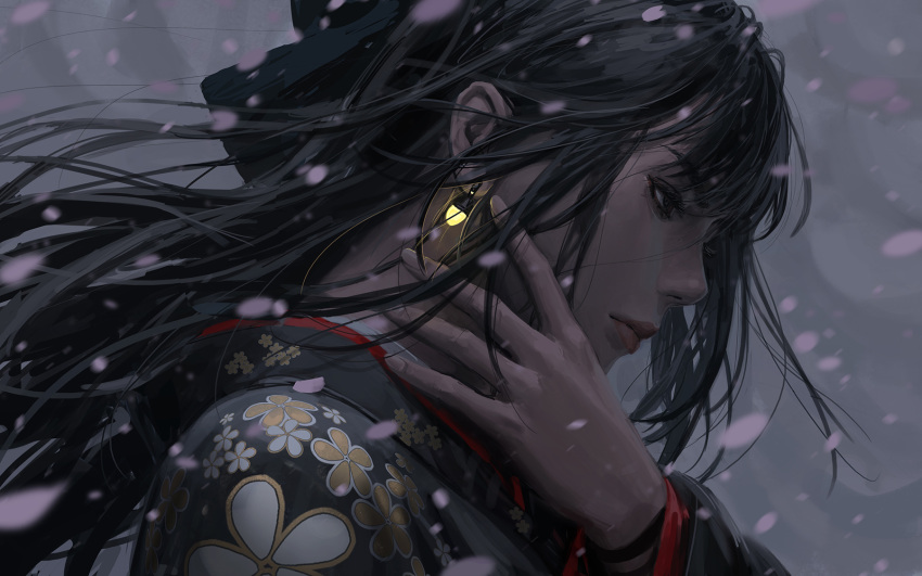 1girl black_eyes black_hair black_kimono closed_mouth earrings floral_print from_side glowing guweiz hand_up highres japanese_clothes jewelry kimono long_hair long_sleeves motion_blur original petals print_kimono profile solo wide_sleeves