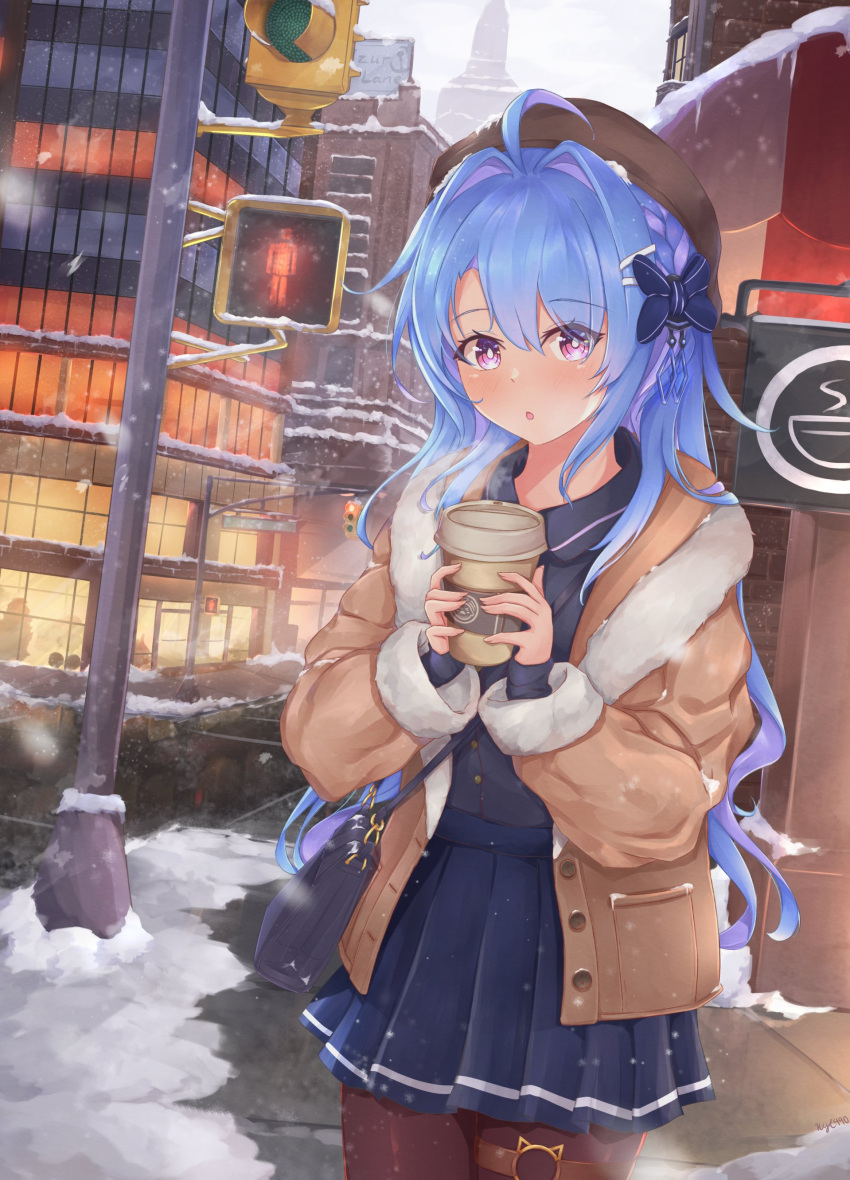 1girl absurdres azur_lane bag blue_hair coffee_cup cup disposable_cup eyebrows_visible_through_hair handbag hat helena_(azur_lane) highres jacket kyl490 long_hair looking_at_viewer open_mouth road snow street