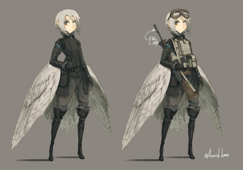 1girl artist_name asterisk_kome battle_rifle bird_girl bird_wings black_footwear black_gloves black_jacket black_pants boots brown_eyes character_sheet commentary_request feathered_wings fn_fal frown full_body fur-trimmed_boots fur-trimmed_jacket fur-trimmed_sleeves fur_trim gloves goggles goggles_on_head grey_background grey_eyes grey_hair gun hands_up heterochromia holding holding_weapon jacket load_bearing_vest long_sleeves looking_at_viewer military military_jacket military_uniform multicolored_hair original over_shoulder pants pouch rifle scar scar_on_face standing streaked_hair twitter_username uniform v-shaped_eyebrows weapon wings zipper zipper_pull_tab