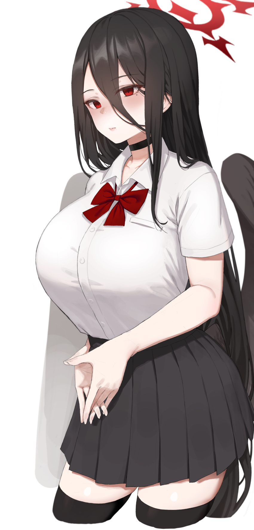 1girl absurdres black_choker black_hair black_legwear black_skirt black_wings blue_archive blush bow bowtie breasts choker closed_mouth collared_shirt commentary cropped_legs hair_between_eyes halo hasumi_(blue_archive) highres large_breasts long_hair mochirong mole mole_under_eye pleated_skirt red_bow red_bowtie red_eyes shirt shirt_tucked_in short_sleeves simple_background skirt solo thigh-highs very_long_hair white_background white_shirt wings