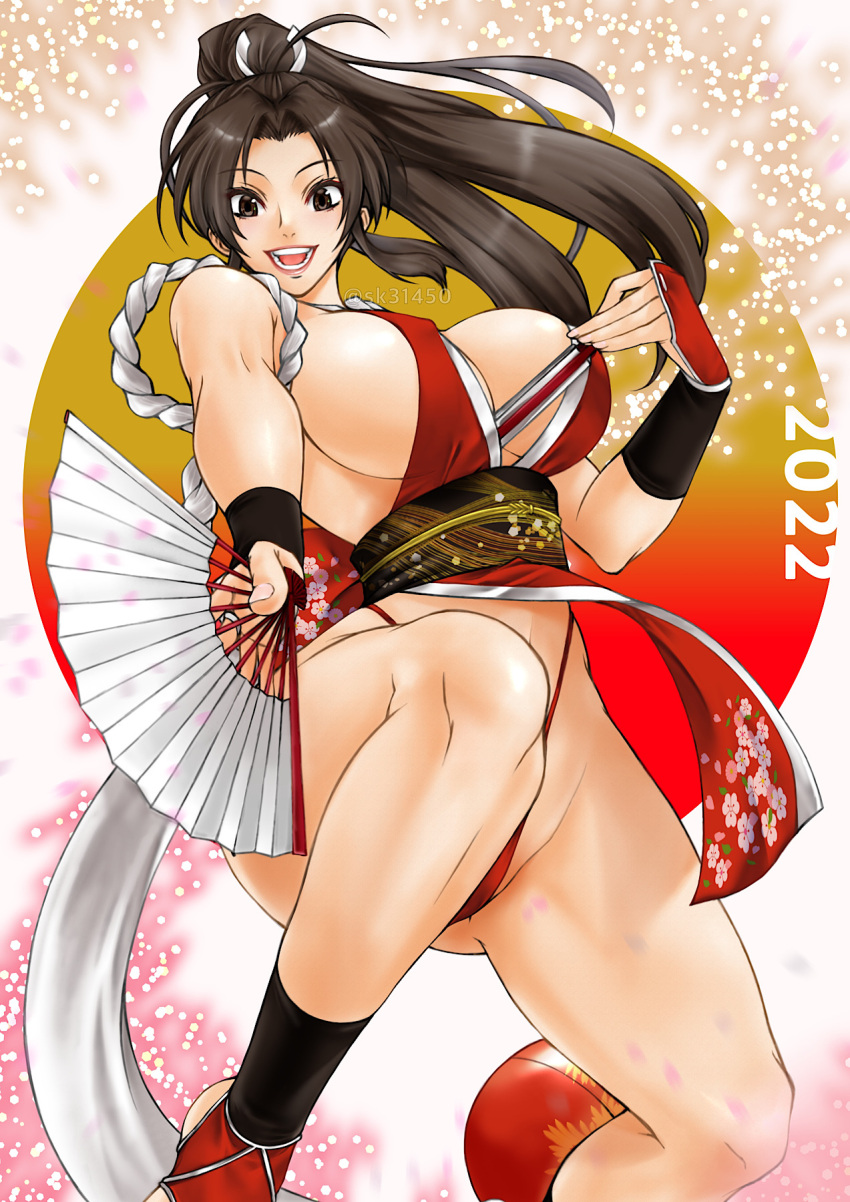 1girl arm_guards bare_shoulders breast_curtains breasts closed_fan fatal_fury folding_fan hand_fan high_ponytail highres holding holding_fan large_breasts looking_at_viewer ninja panties pelvic_curtain ponytail revealing_clothes rope shiranui_mai sideboob sk_(sk-g) snk solo the_king_of_fighters the_king_of_fighters_xv thighs under_boob underwear