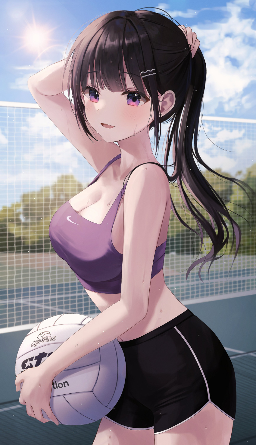 1girl ball brown_hair clouds cloudy_sky hairclip holding logo looking_at_viewer net outdoors ponytail scenery short_shorts sleeveless smile solo solo_focus sports_bikini sports_bra sportswear sun sunlight sweat sweating tree violet_eyes volleyball volleyball_net